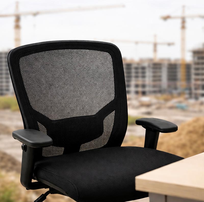 A black office chair positioned at a desk overlooking a construction site in the background.